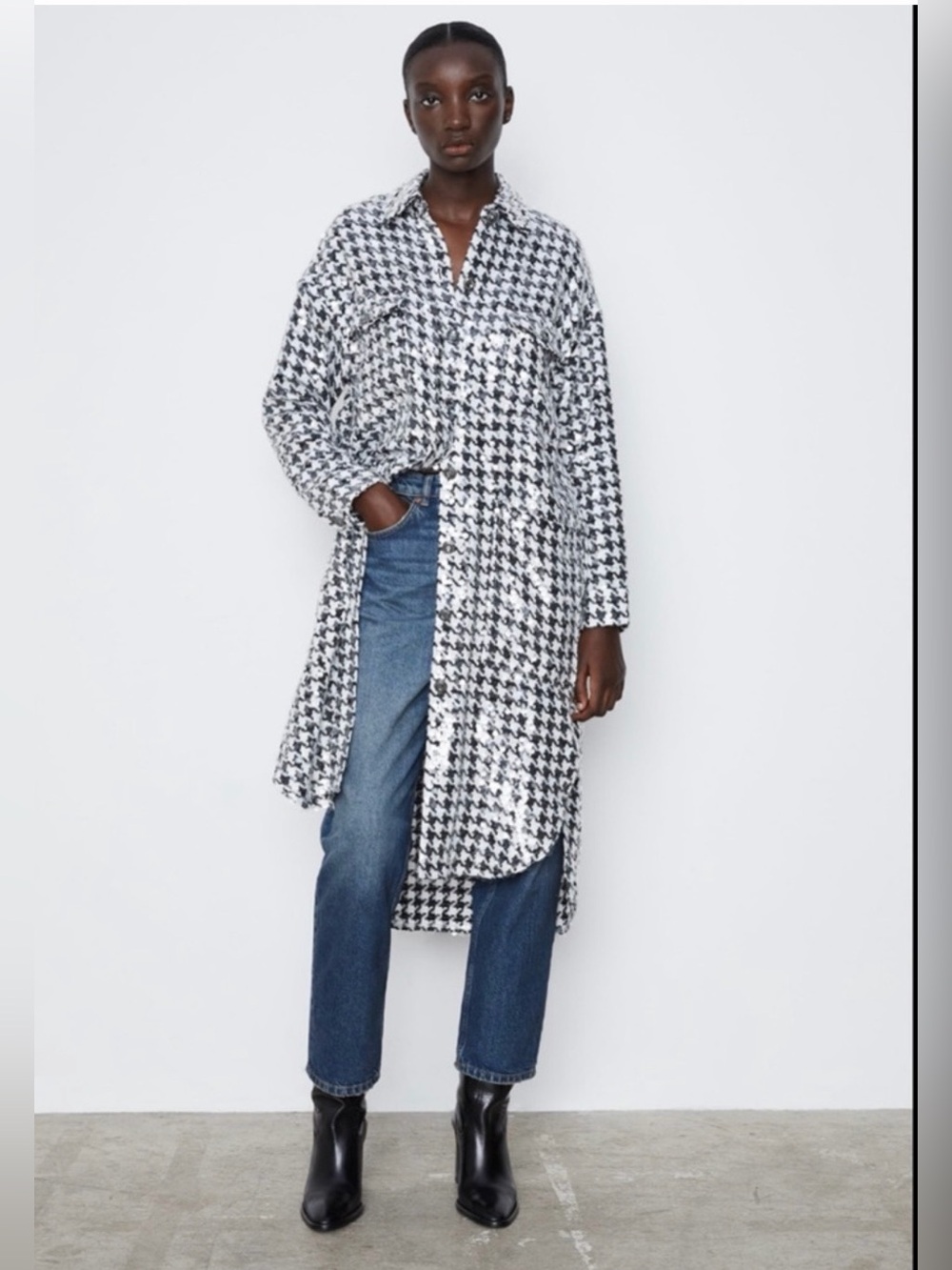 Zara Limited Edition Sequin Houndstooth Long Overshirt / Shirt Dress, size xs